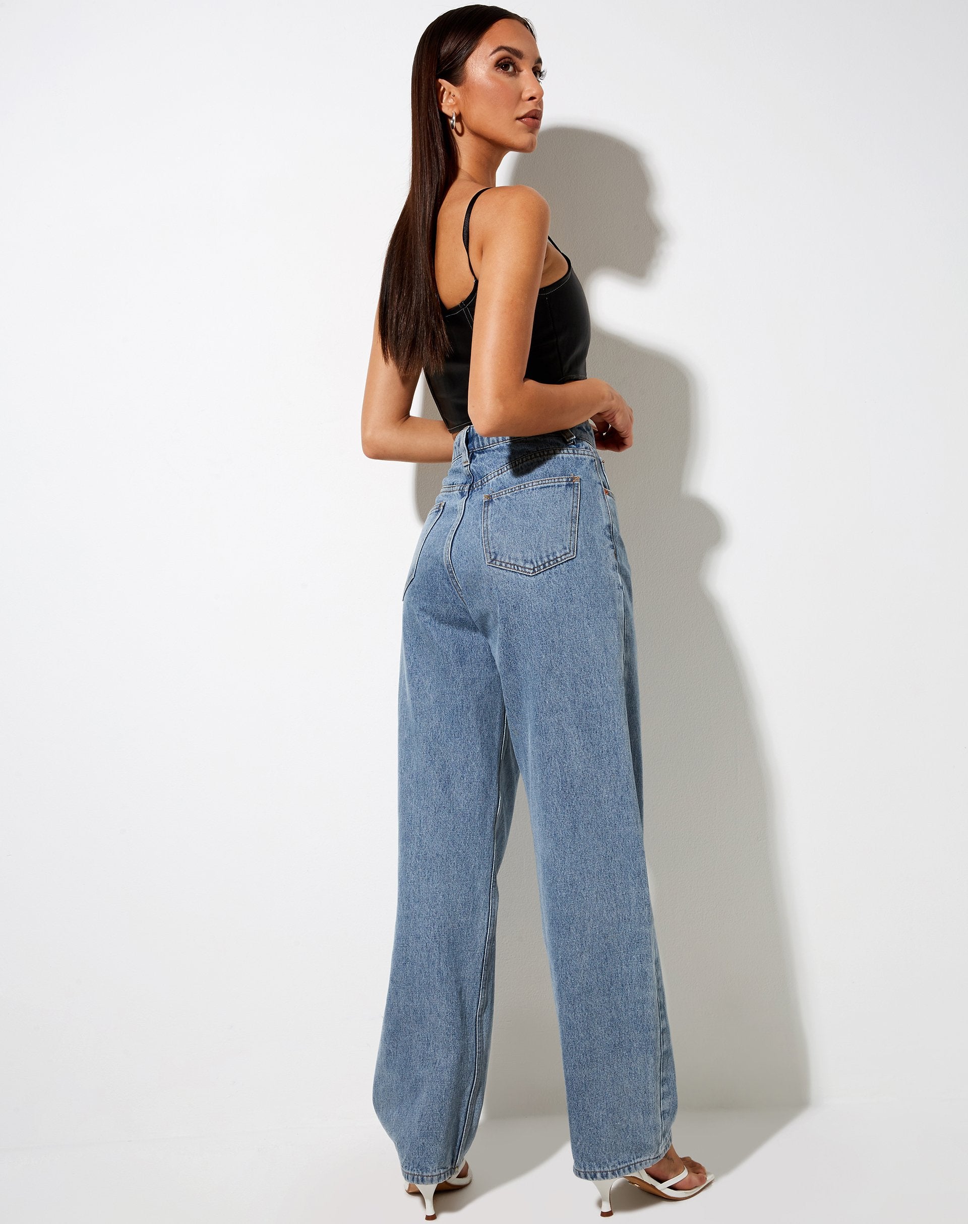 Image of Nindy Crop Top in PU Black with White Stitch