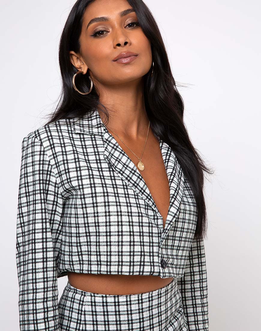 Image of Noly Cropped Blazer in Brandy Check Foam (Blazer court en mousse à carreaux brandebourg)