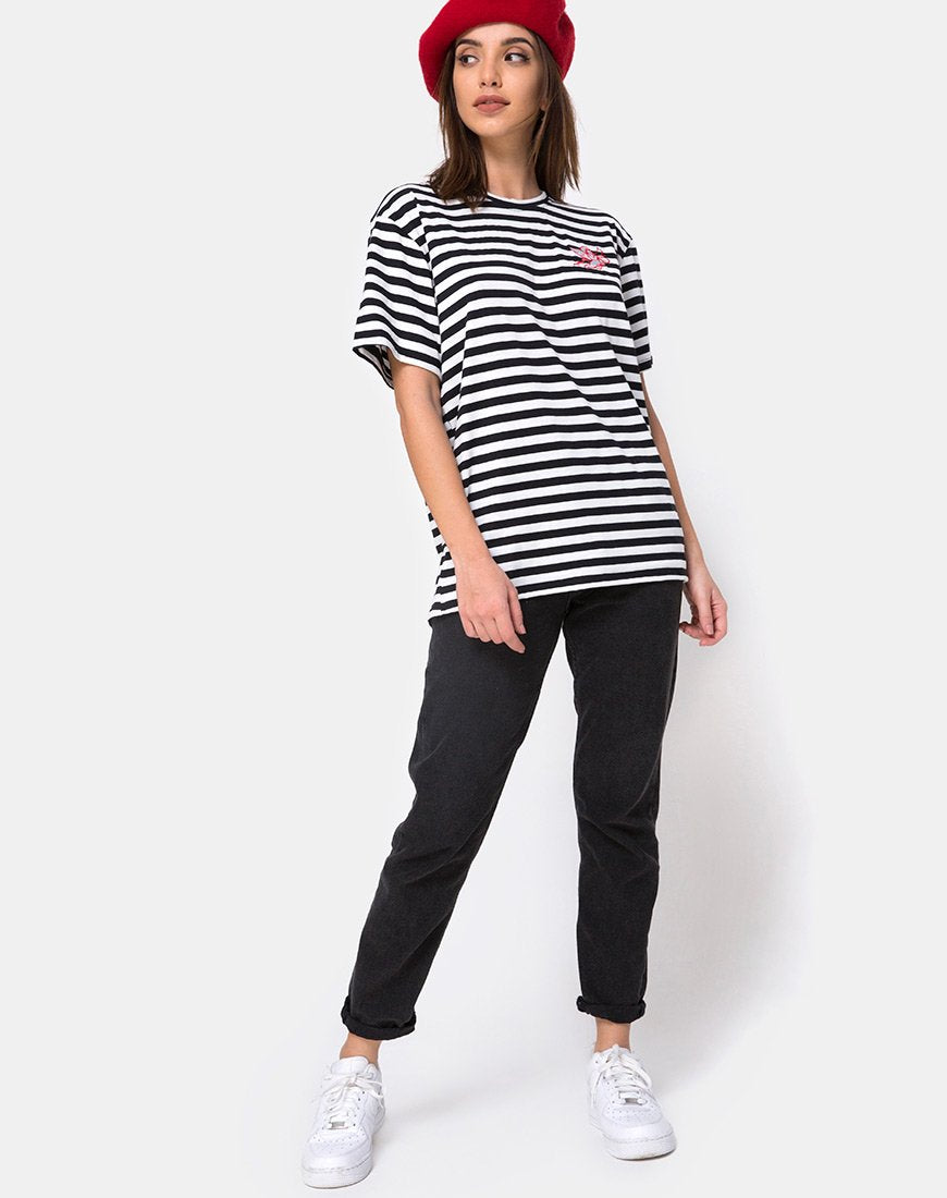 Image of Oversize Basic Tee in Black and White Stripe with Cherub Embro