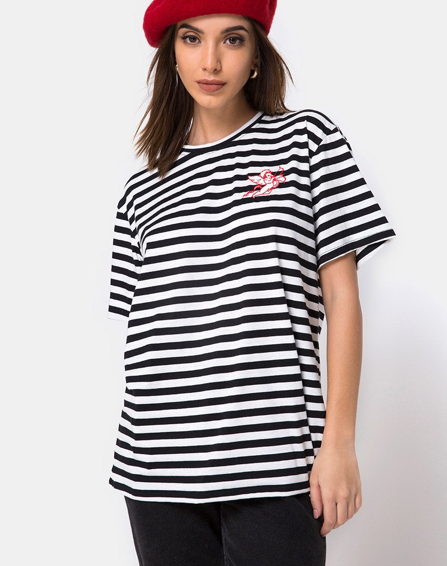 T-shirt basique oversize à rayures noires et blanches avec broderie de chérubins