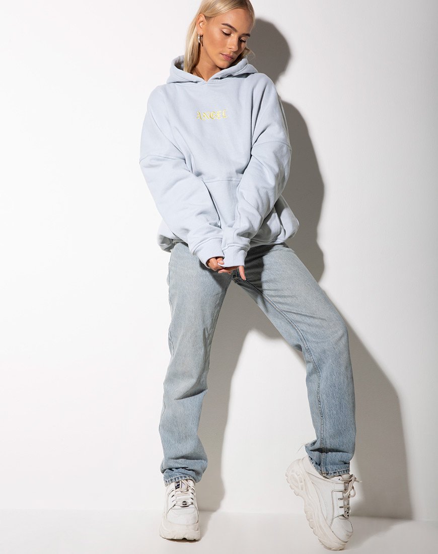 Image de Sweat à capuche surdimensionné en bleu bébé avec broderie Ange Citron