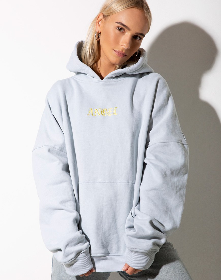 Image de Sweat à capuche surdimensionné en bleu bébé avec broderie Ange Citron