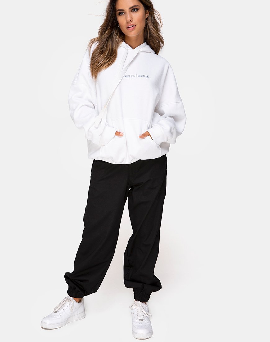 Image du sweat à capuche surdimensionné en blanc I Want it Embro