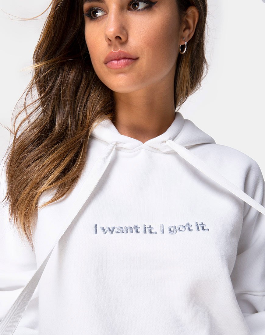 Image du sweat à capuche surdimensionné en blanc I Want it Embro