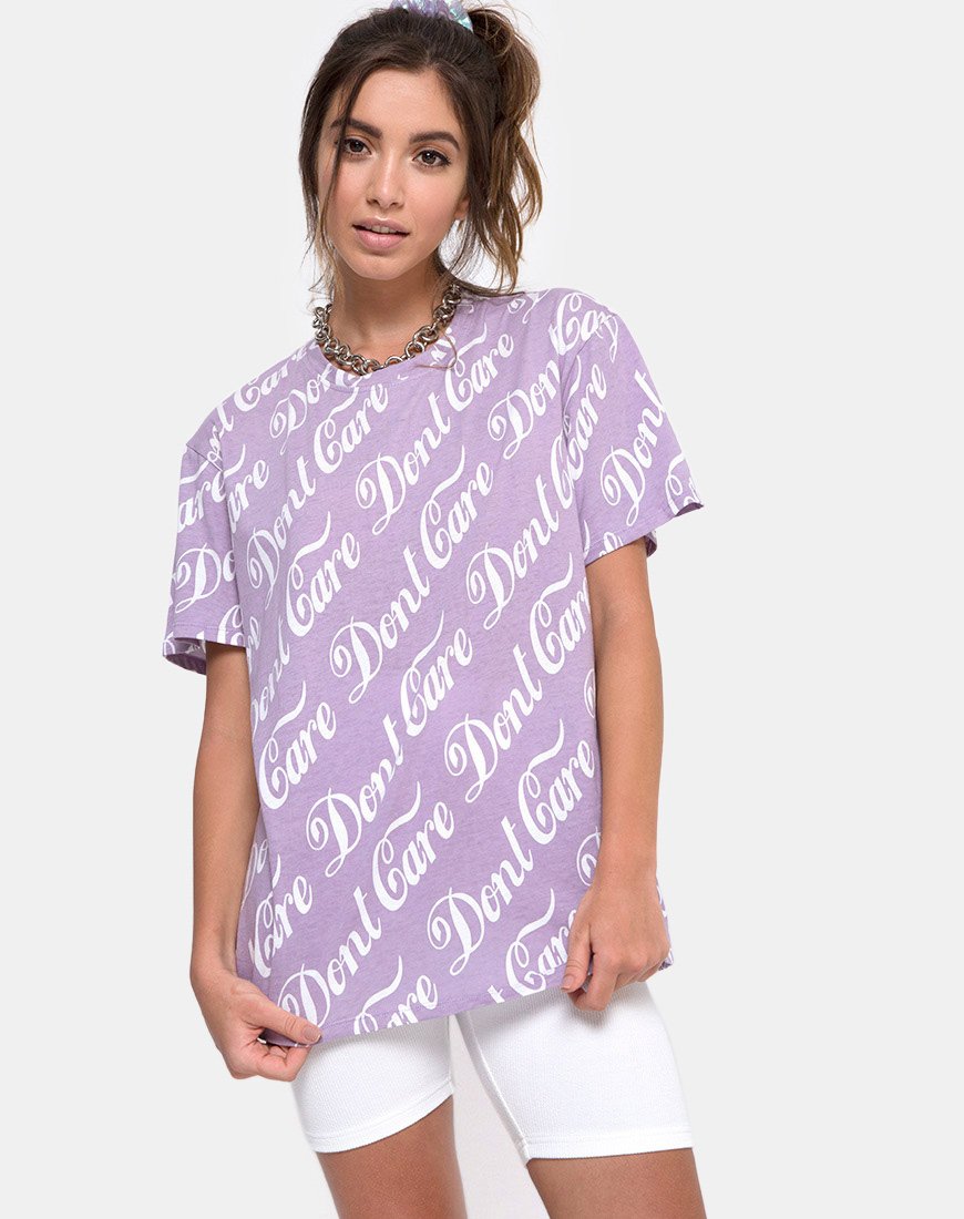T-shirt basique oversize en lilas "Don't Care" (ne pas s'en soucier)