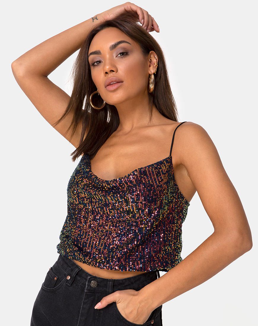 Paima Strappy Top in Drape Net Sequin Iridescent Burgundy (Top à bretelles en filet drapé et paillettes)
