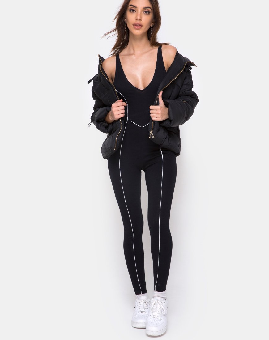 Image of Pion Plunge Catsuit in Black with Piping Line