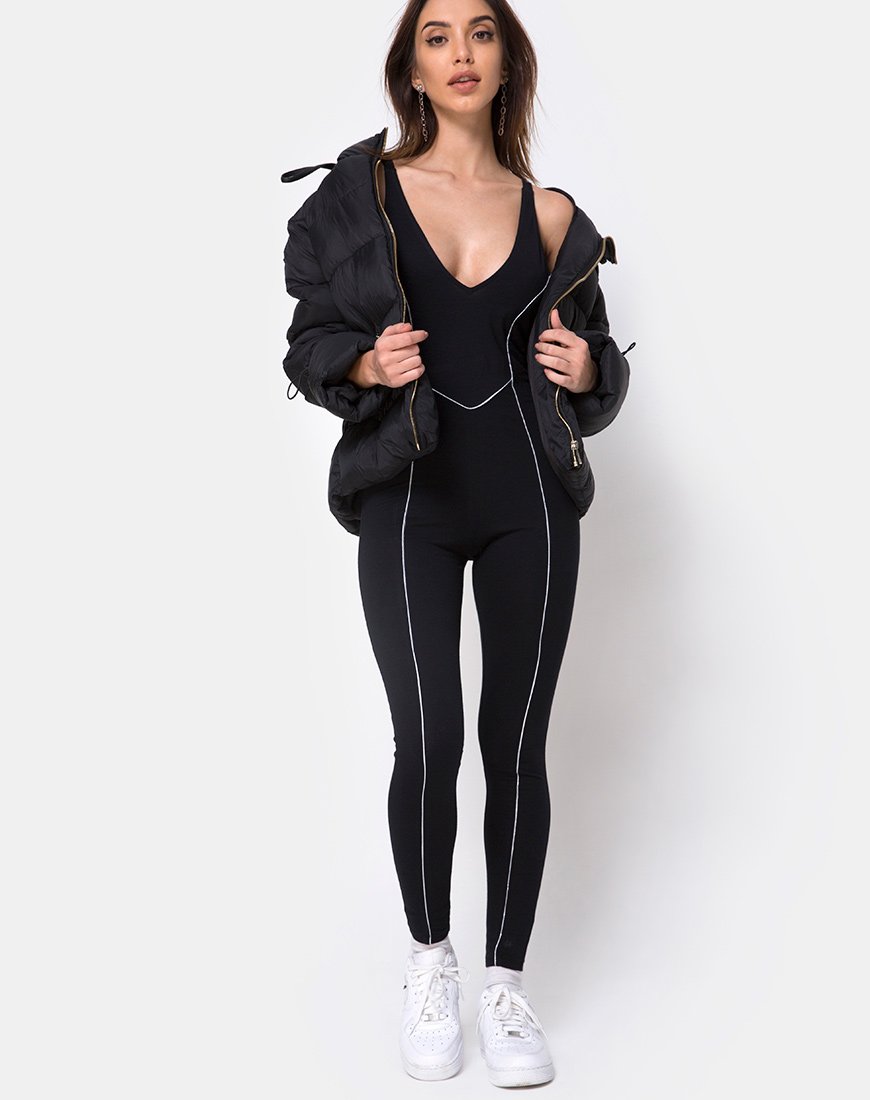 Image of Pion Plunge Catsuit in Black with Piping Line