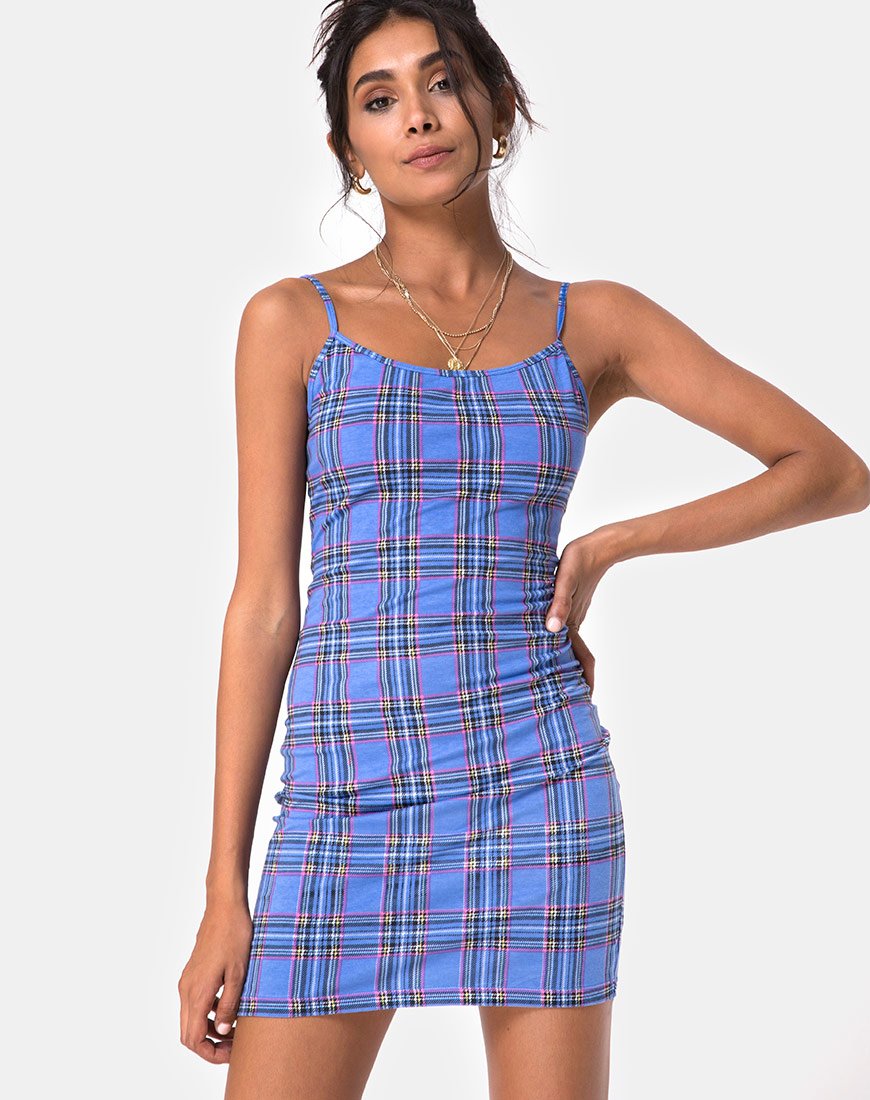 Piper Bodycon Dress in 90's Check Blue Pink