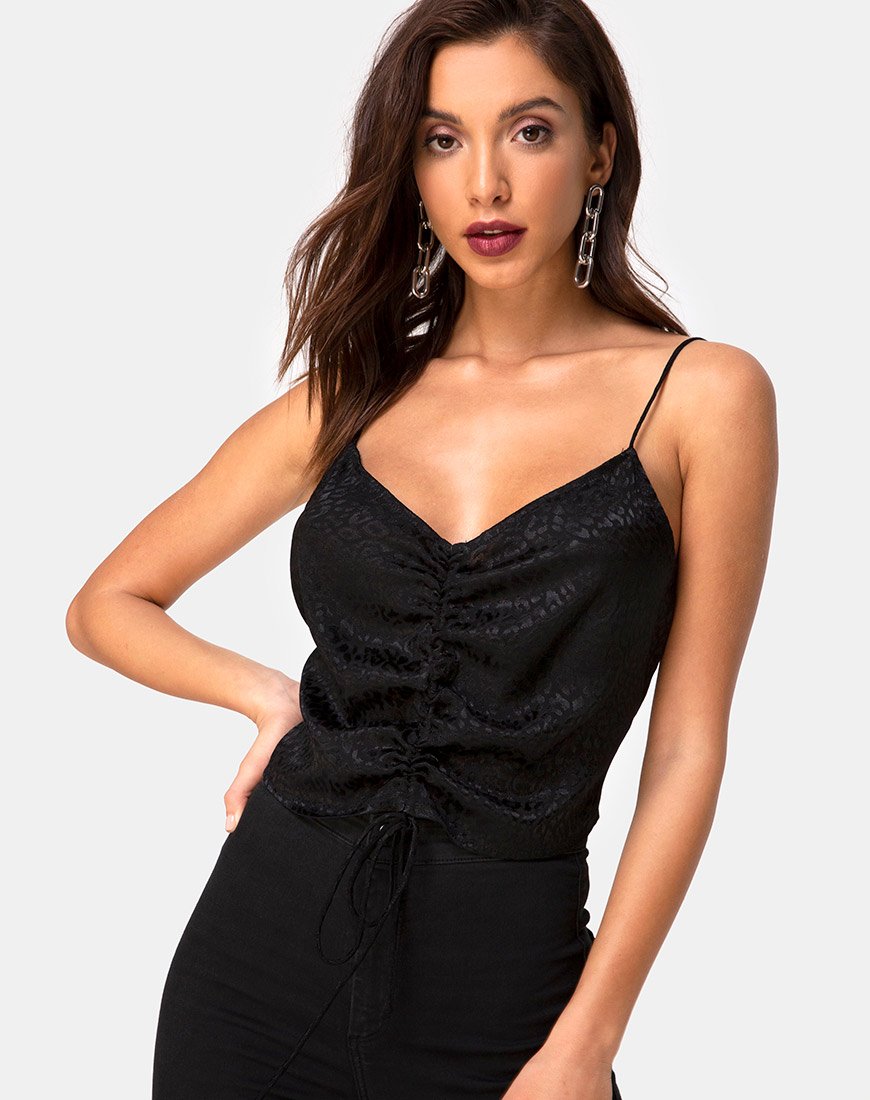Top Praha en satin Cheetah Black