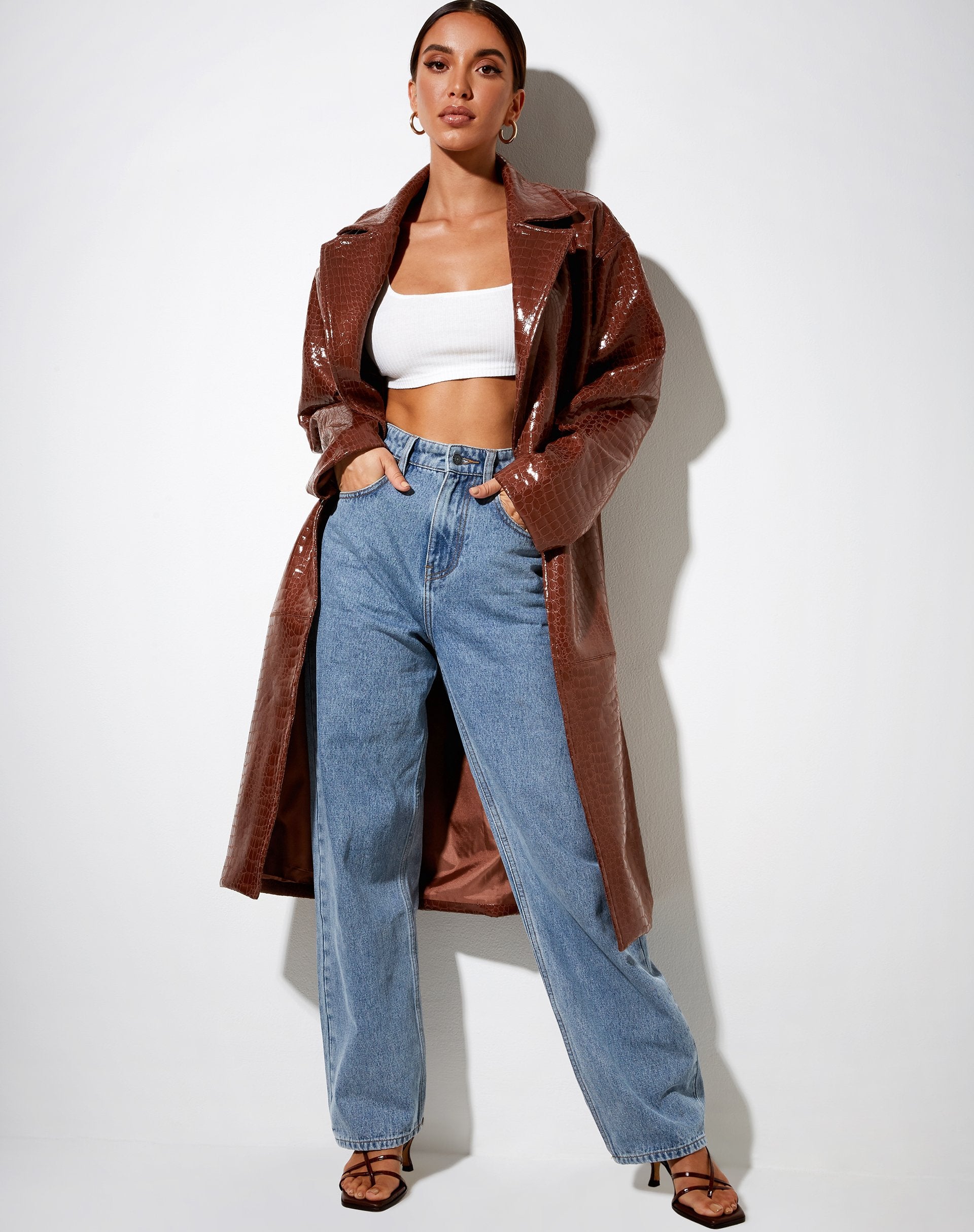 Image de Duster Longline Coat in Croc Pu Brown