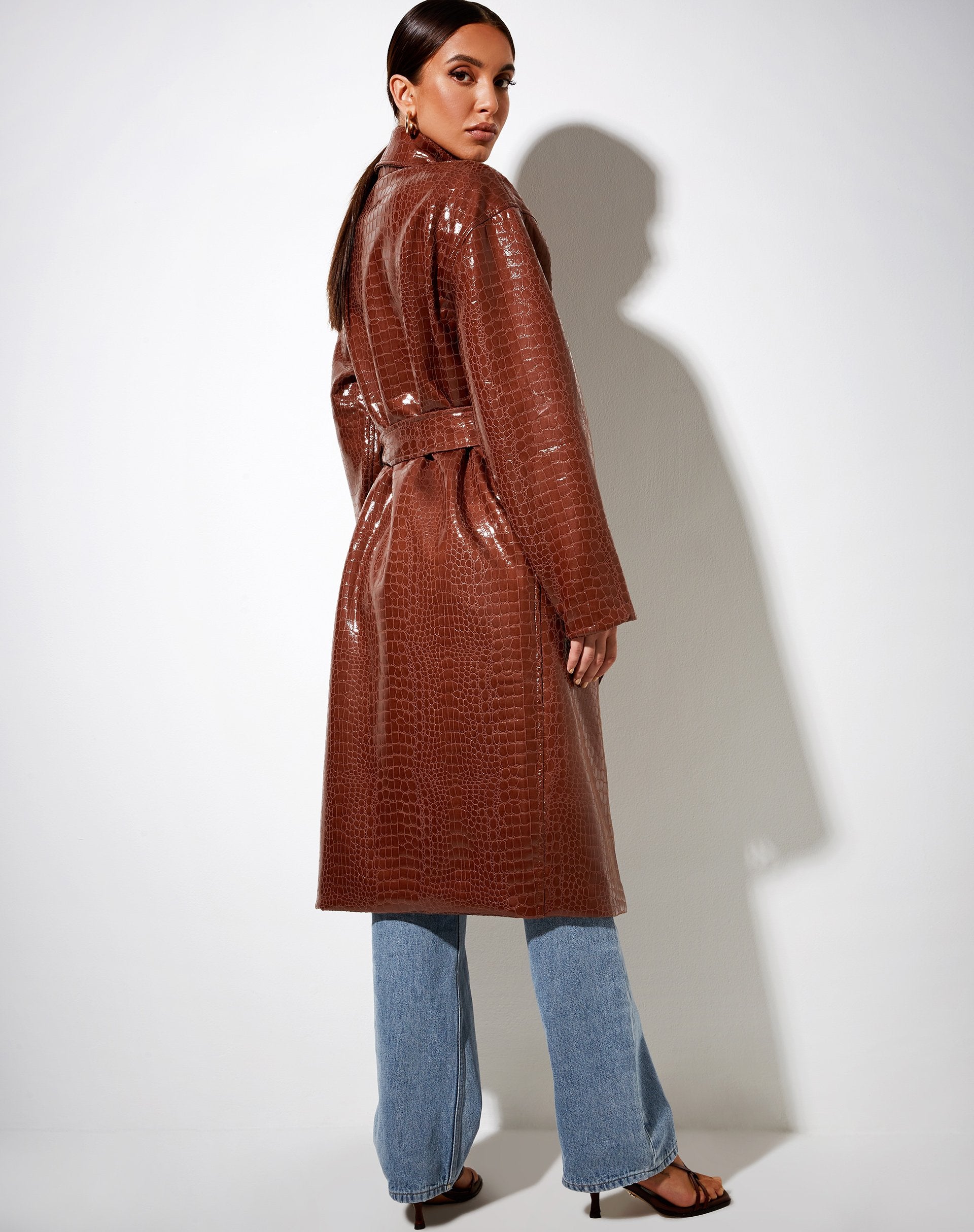 Image de Duster Longline Coat in Croc Pu Brown