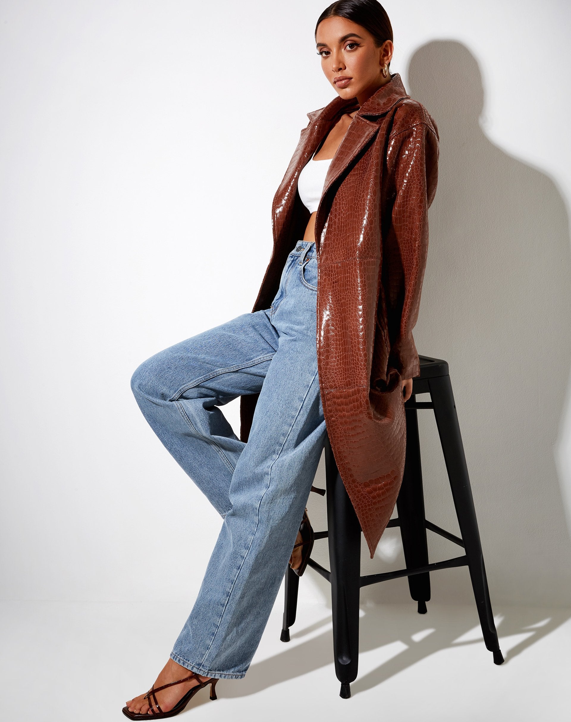 Image de Duster Longline Coat in Croc Pu Brown