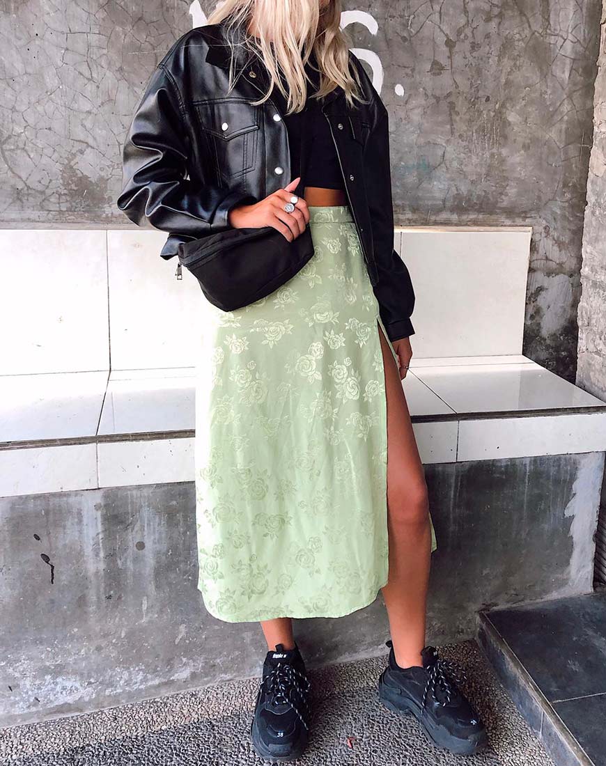 Jupe midi Saika, satin rose citron vert