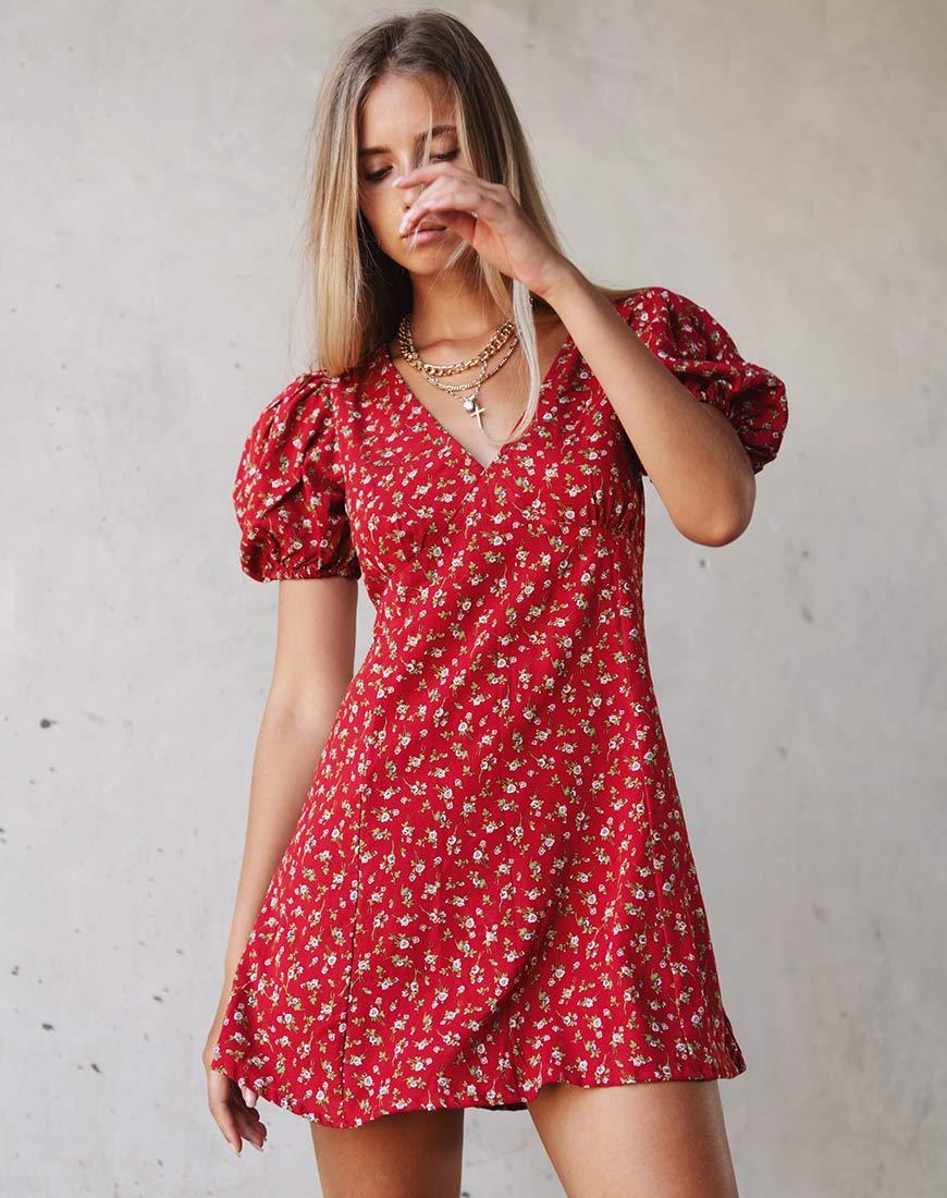 Elfira Dress in Falling for You Floral Red (Robe Elfira en rouge floral)