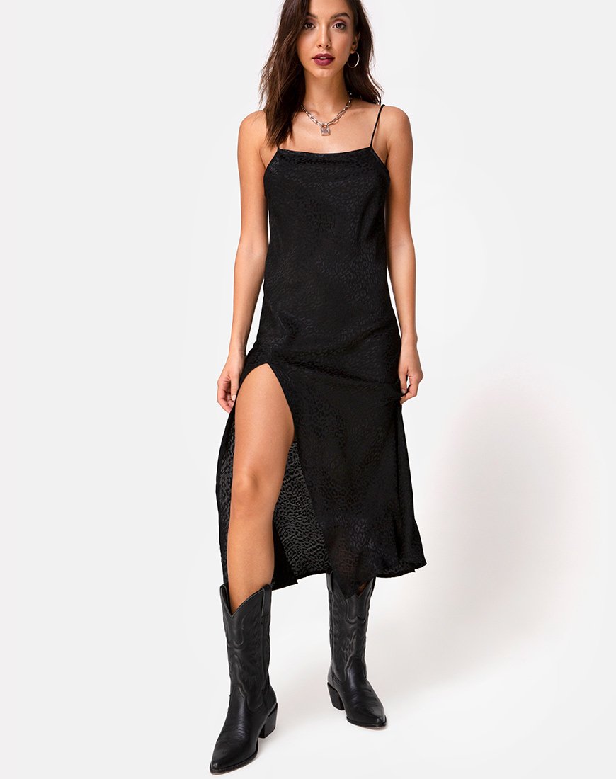 Quinty Midi Dress in Satin Cheetah Black (Robe midi en satin guépard)