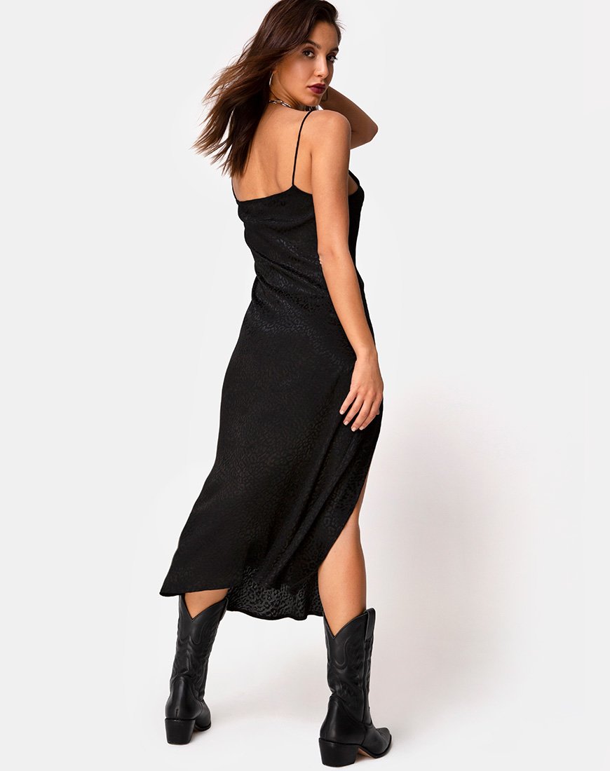 Quinty Midi Dress in Satin Cheetah Black (Robe midi en satin guépard)
