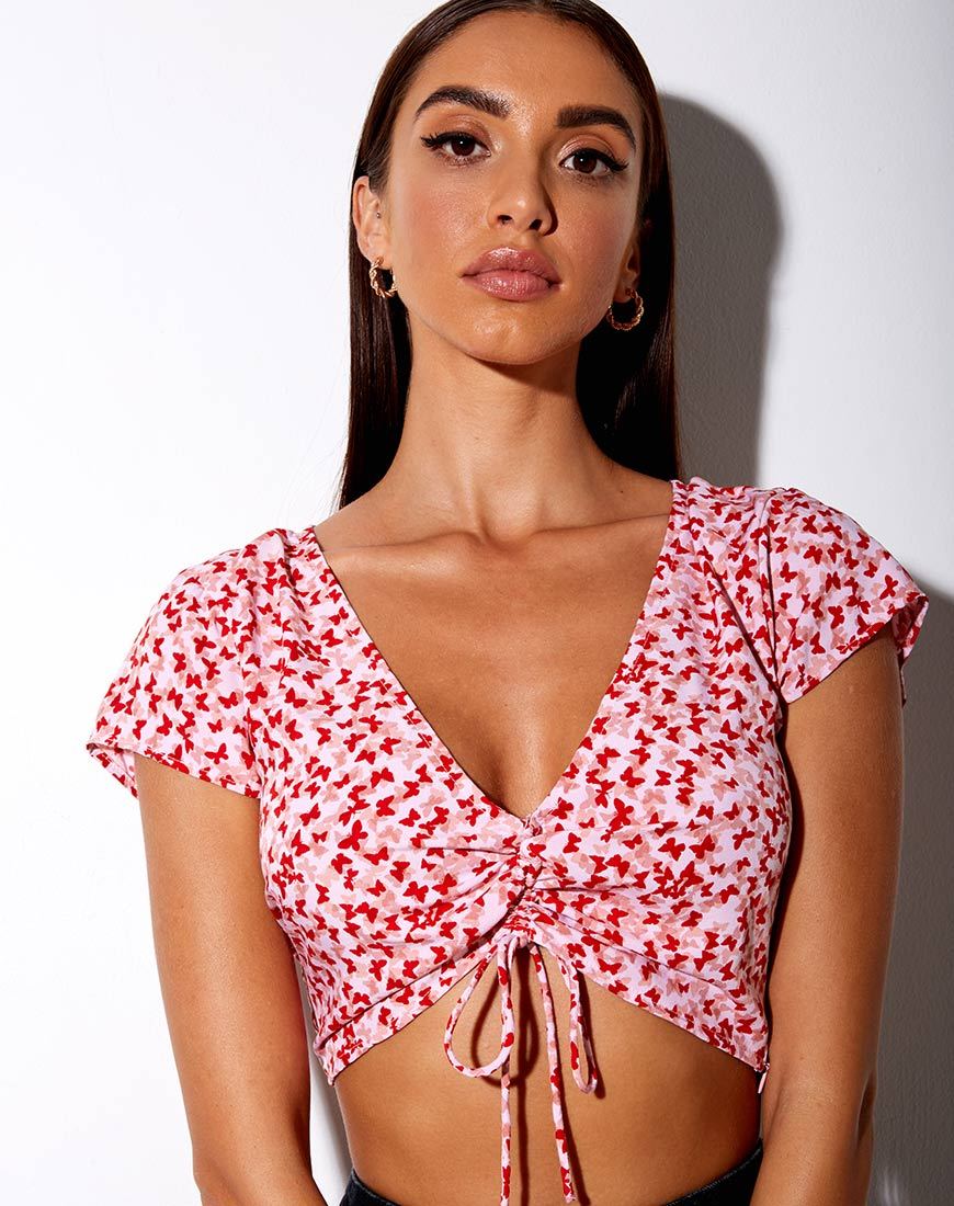 Image de Raeto Crop Top in Ditsy Butterfly Peach and Red