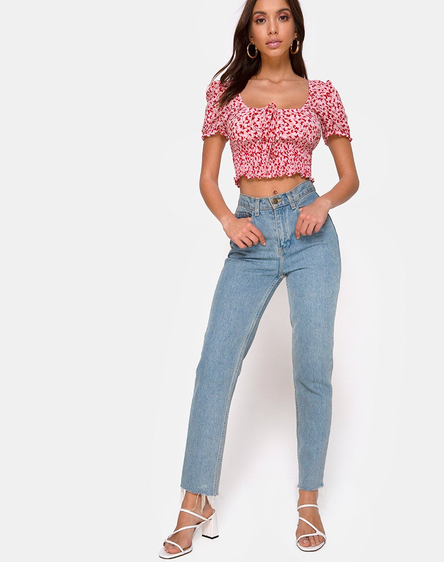 Image de Raquel Crop Top in Ditsy Butterfly Peach and Red