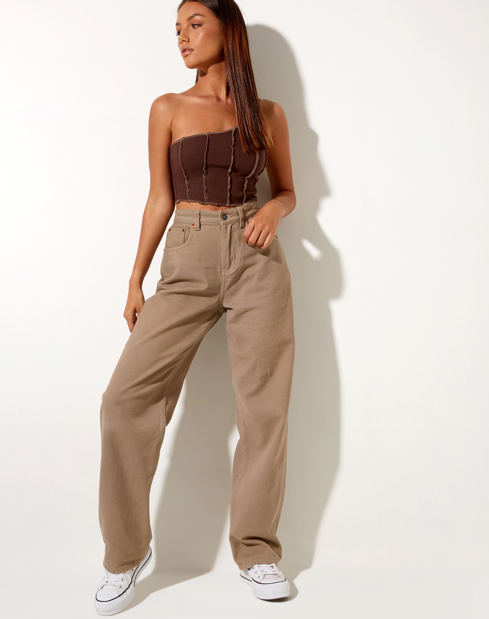 Image of Rara Crop Top in Rib Deep Mahogany with Brown Stitching