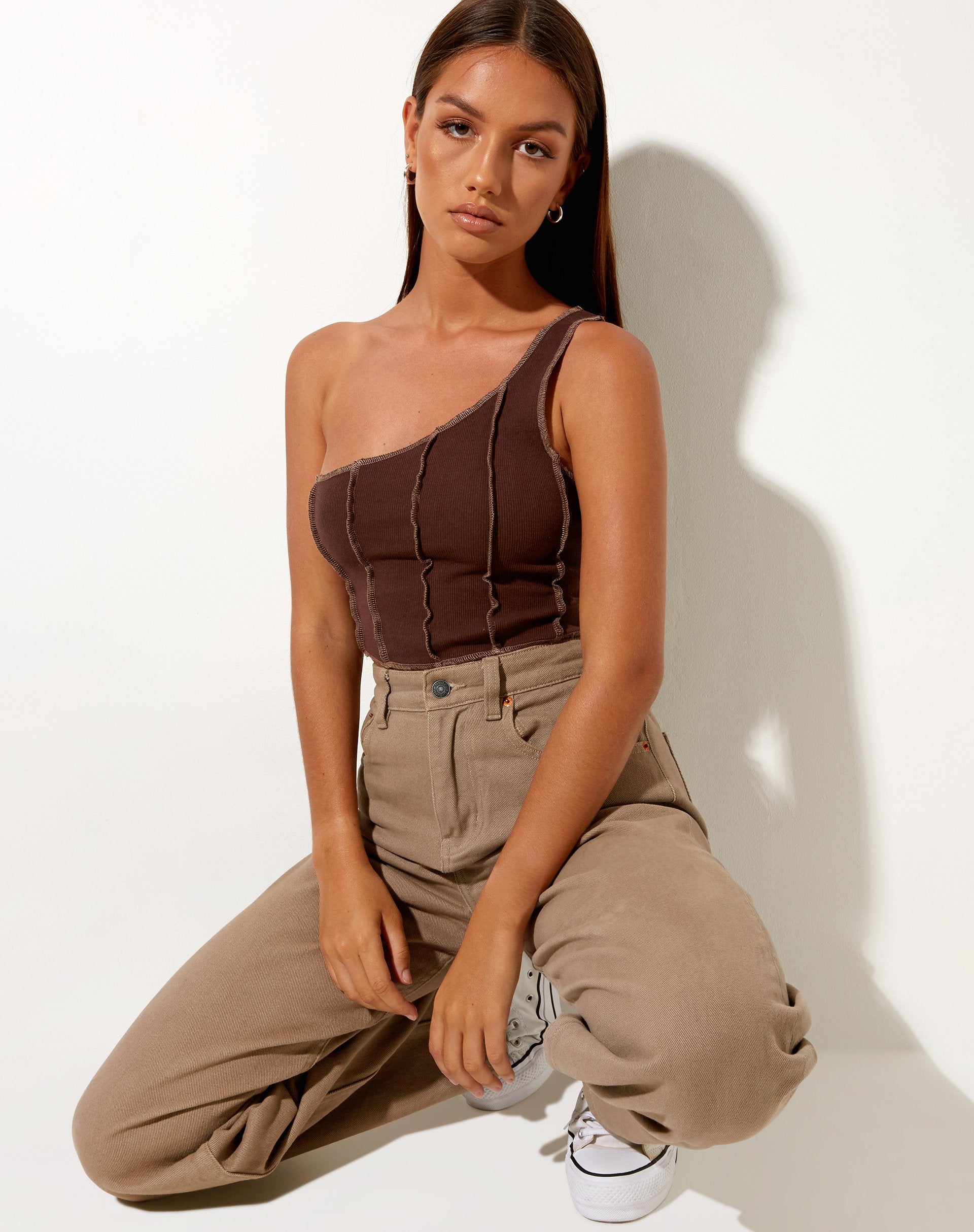 Image of Rara Crop Top in Rib Deep Mahogany with Brown Stitching