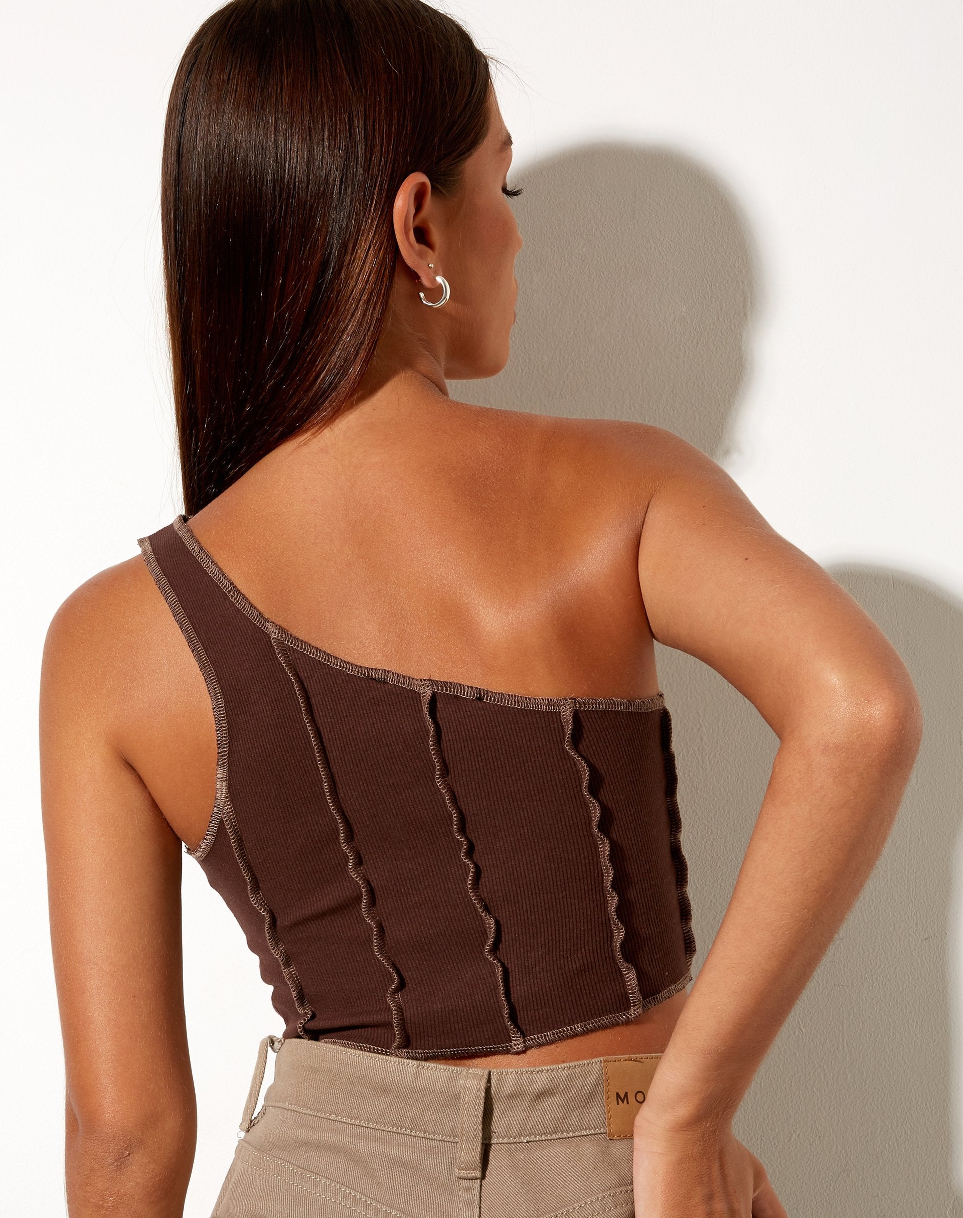 Image of Rara Crop Top in Rib Deep Mahogany with Brown Stitching