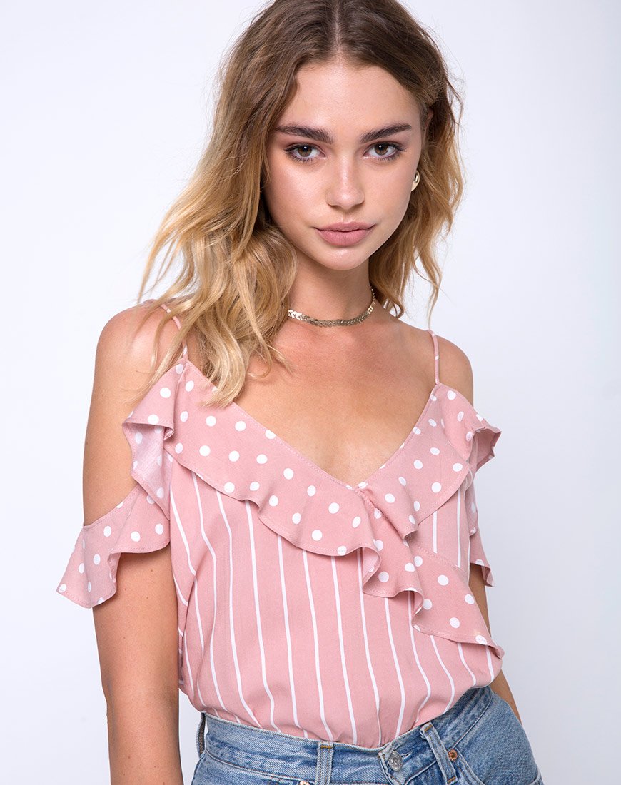 Reilly Cold Shoulder Bodice in Spot Stripe Pink and White (corsage à épaules froides Reilly à rayures roses et blanches)