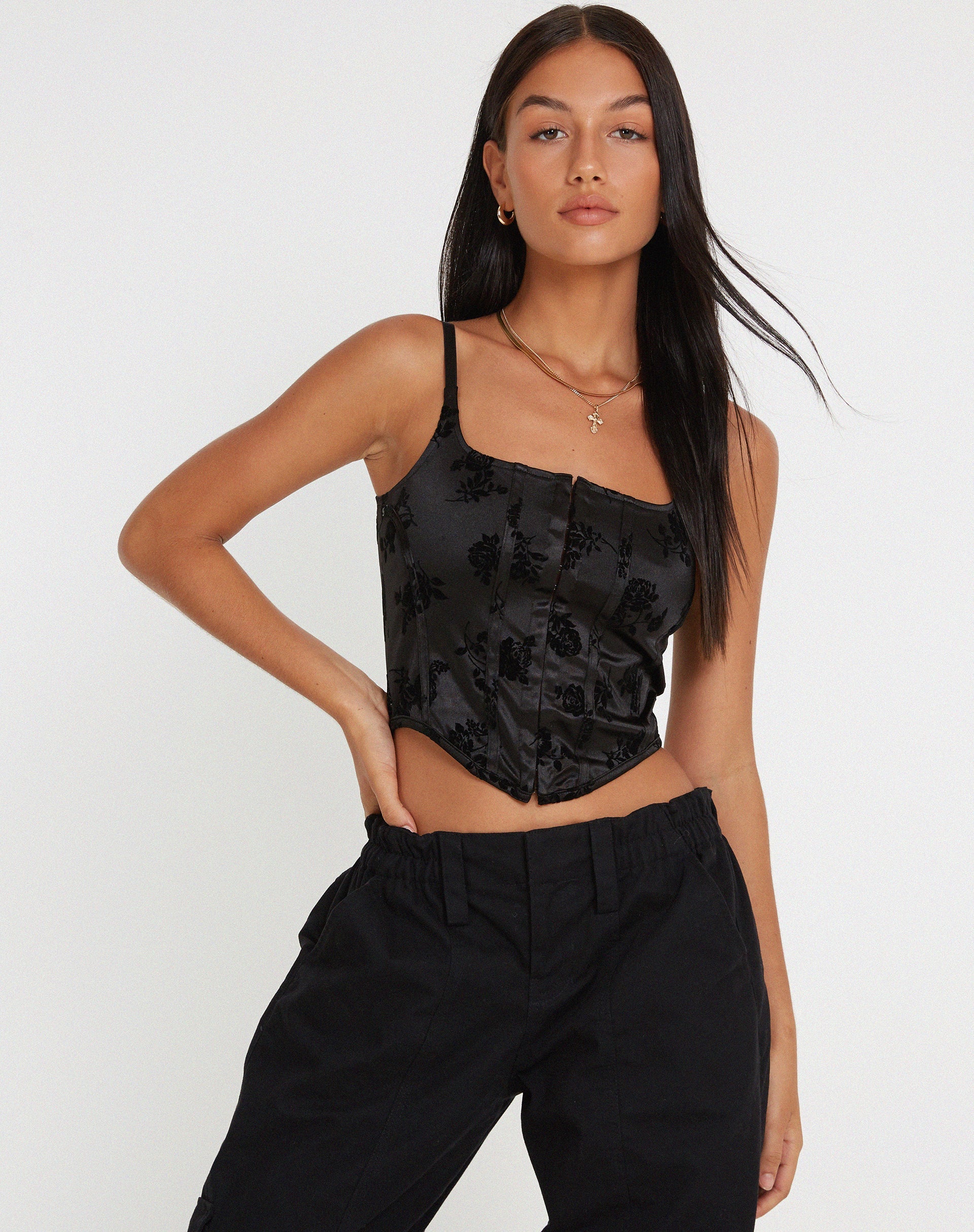 image de Ello Corset Top in Black Rose Flock