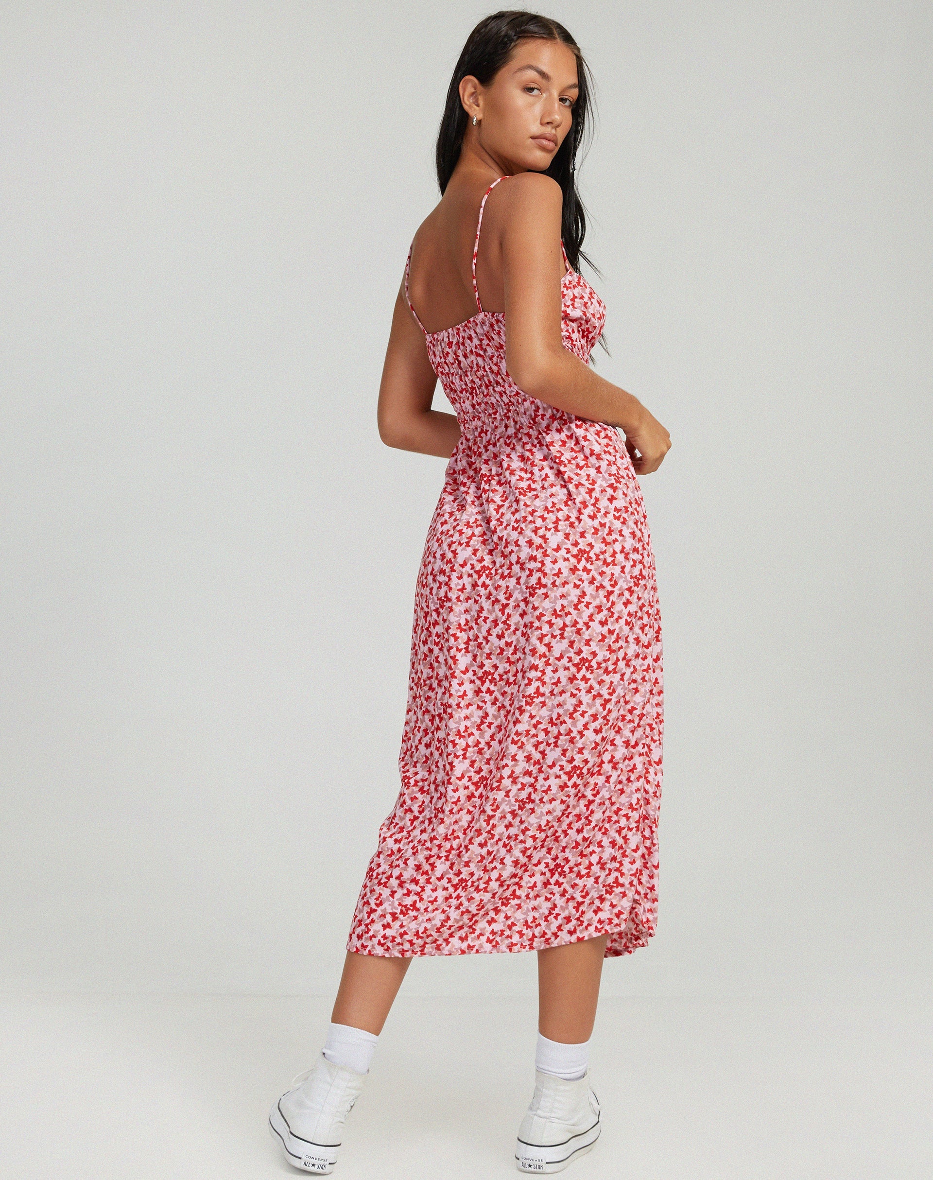 image de Jeyro Midi Dress in Ditsy Butterfly Peach and Red