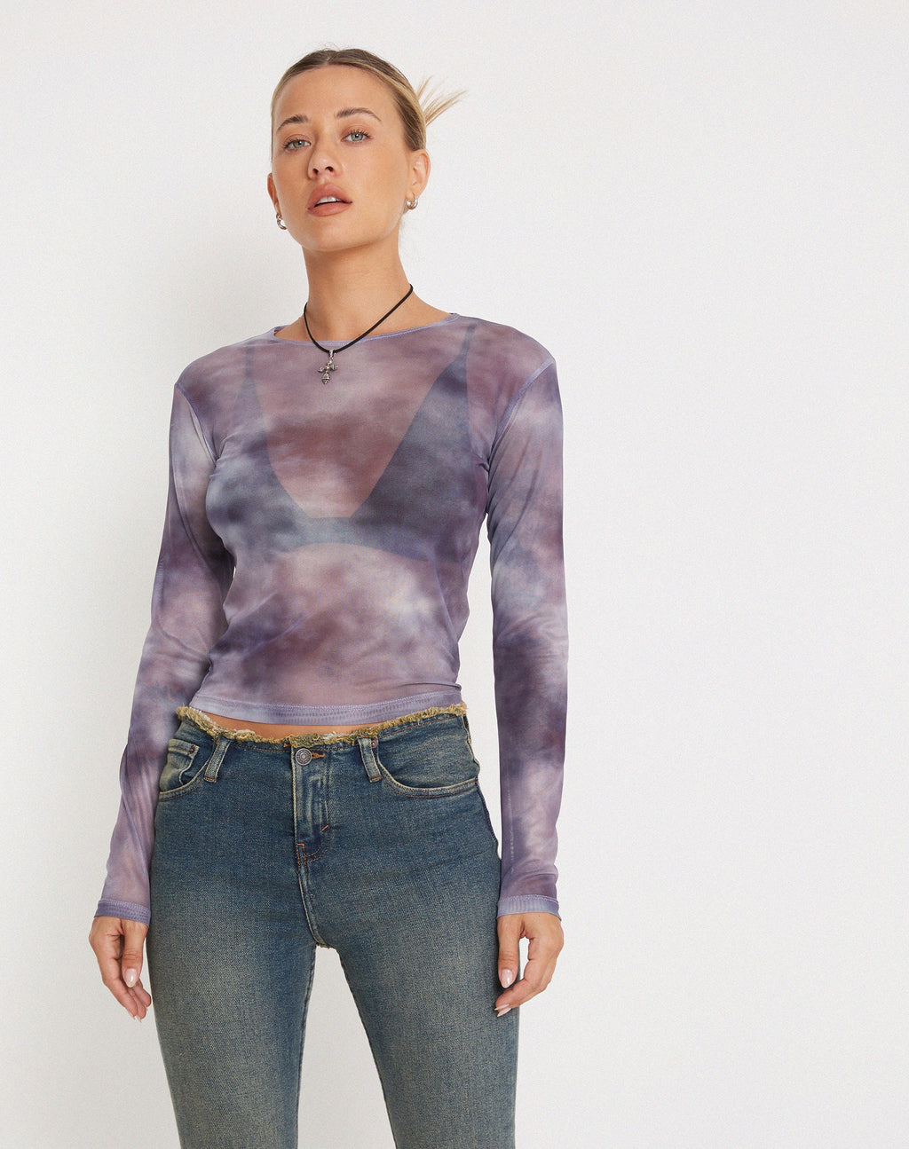 Narita Long Sleeve Mesh Crop Top in Smokey Gradients Purple (Top court à manches longues en maille)