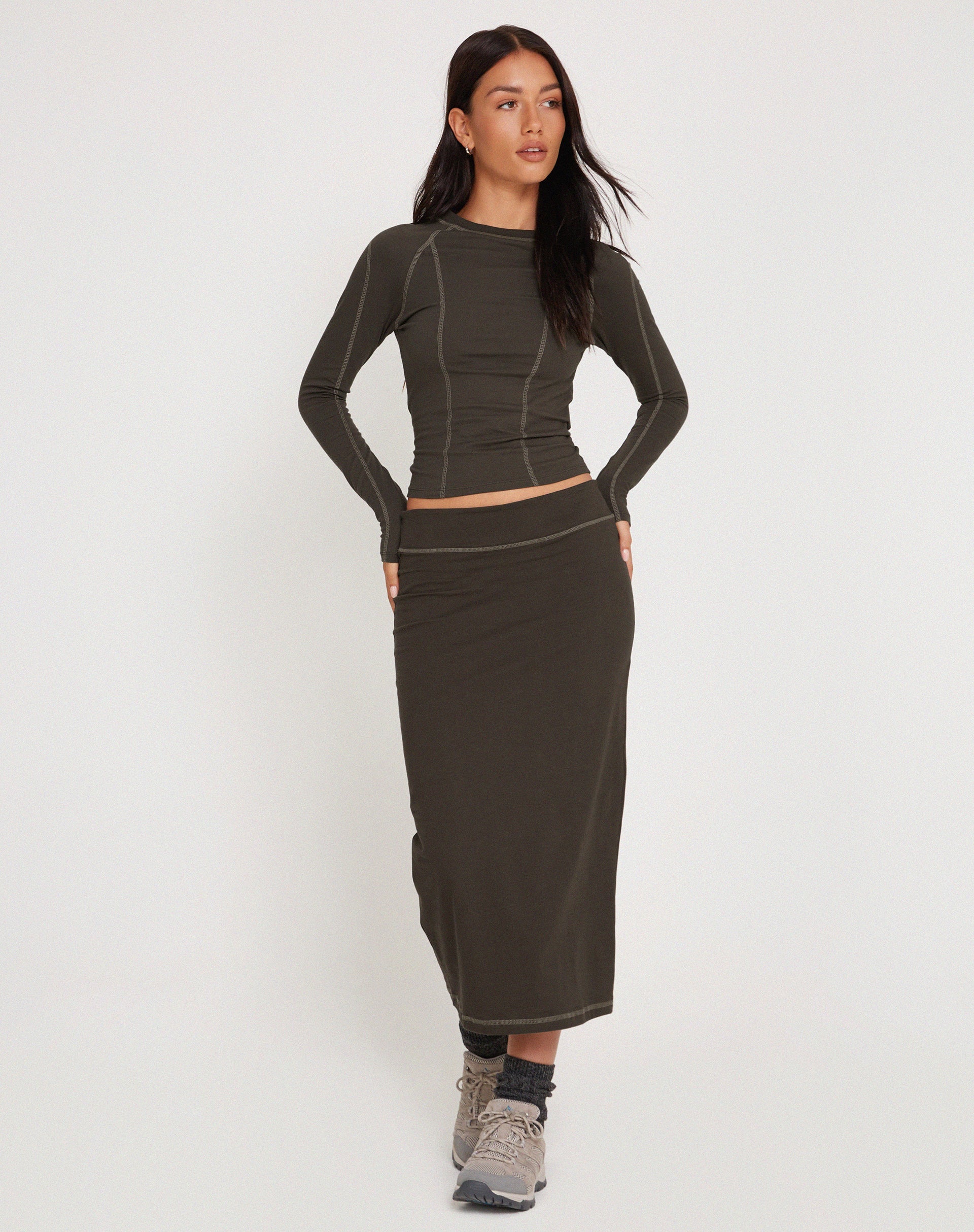 Image of Peka Midi Skirt in Gunmetal with Grey Top Stitch