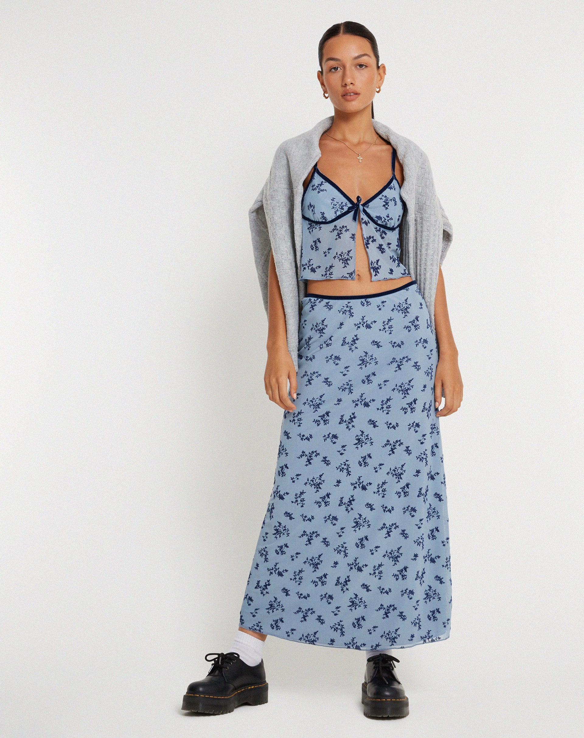 image de Rinzi Maxi Skirt in Light Blue Black Botanist Flocking