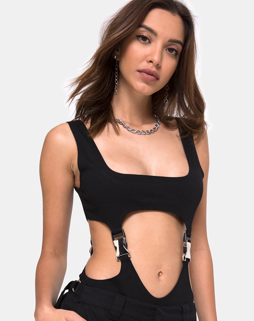 Corsage Rezya noir avec boucles argentées