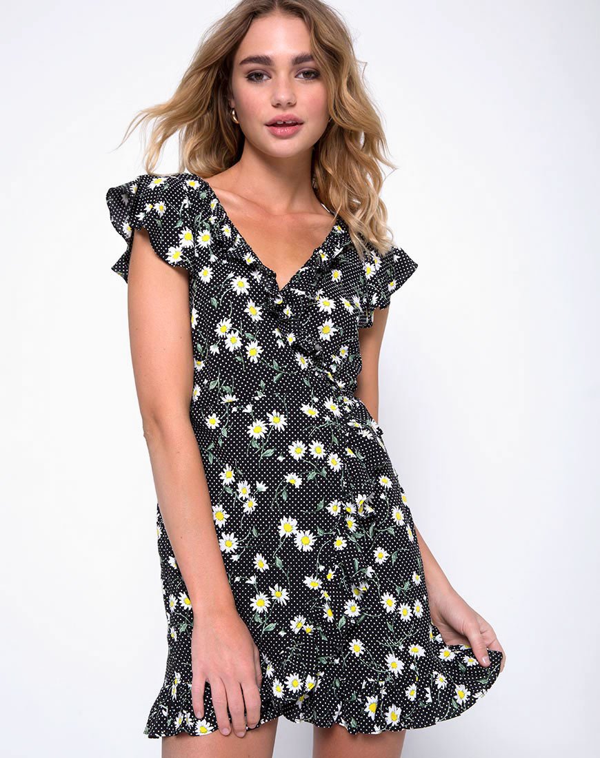 Rica Skater Dress in Polka Daisy Black (robe patineuse en marguerite)
