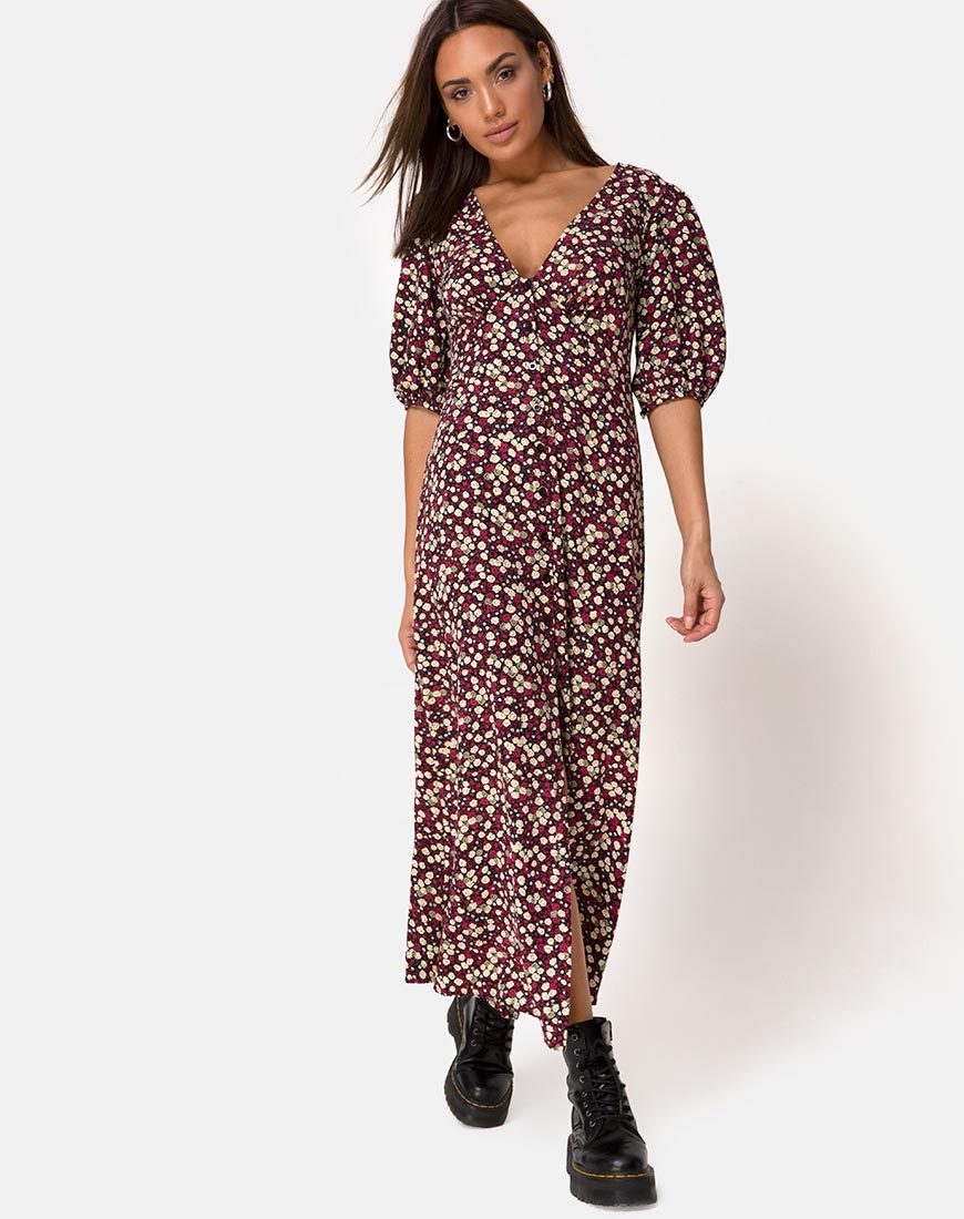 Image de la robe Rigita en champ floral Plum