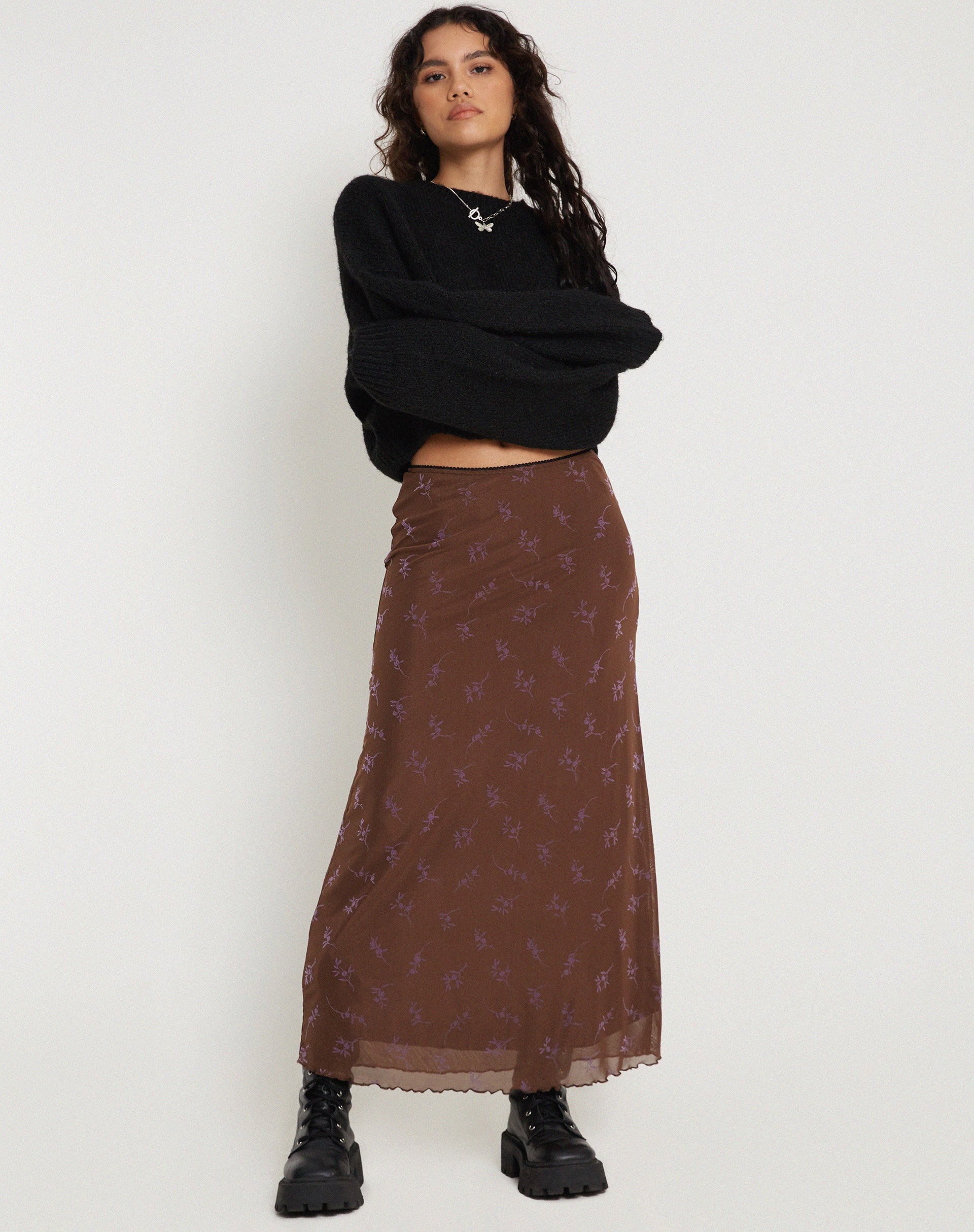 Image de Rindu Maxi Skirt in Flower Stem Flock Brown