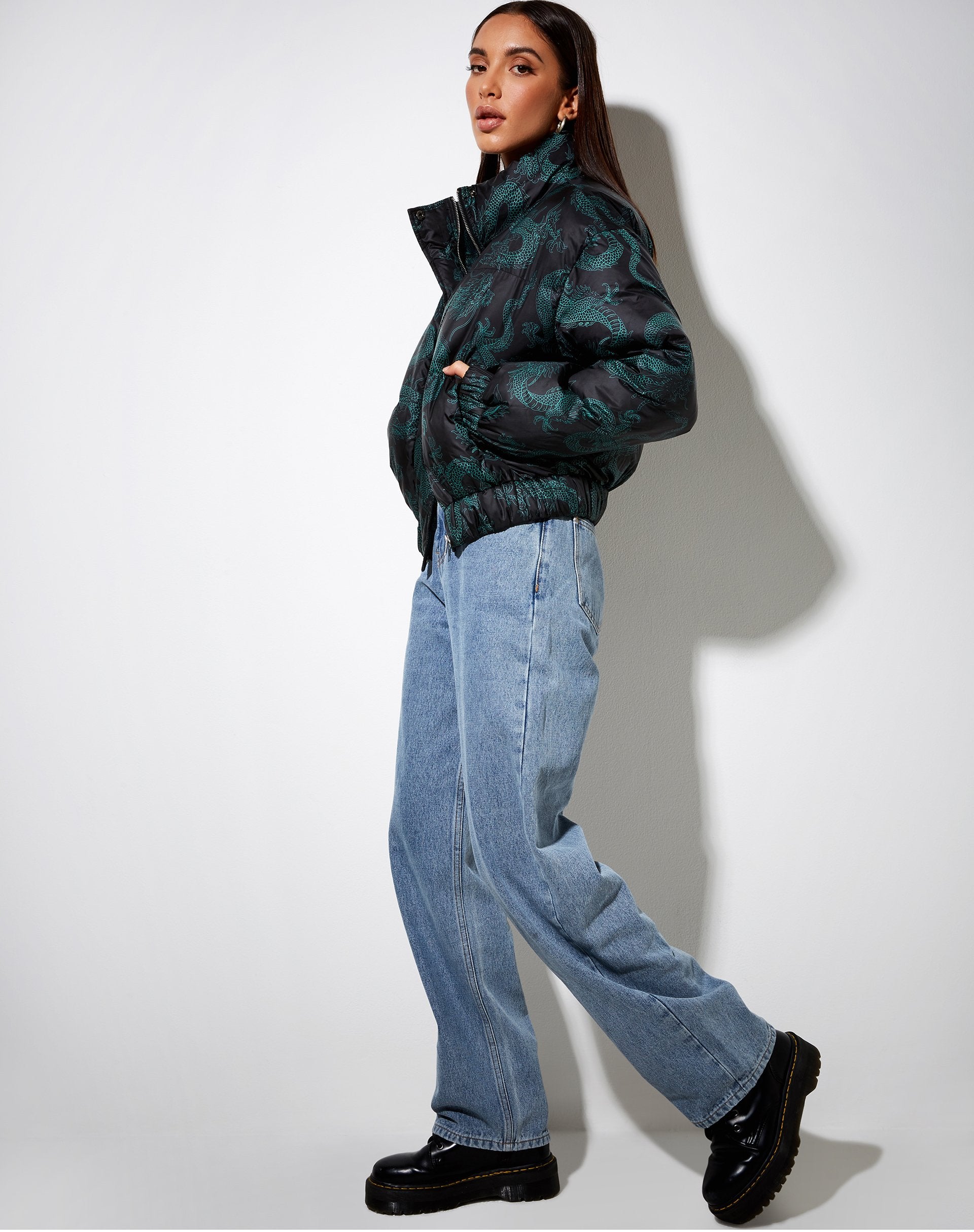 Image de Rohos Puffer Jacket in Dragon Flower Black and Mint
