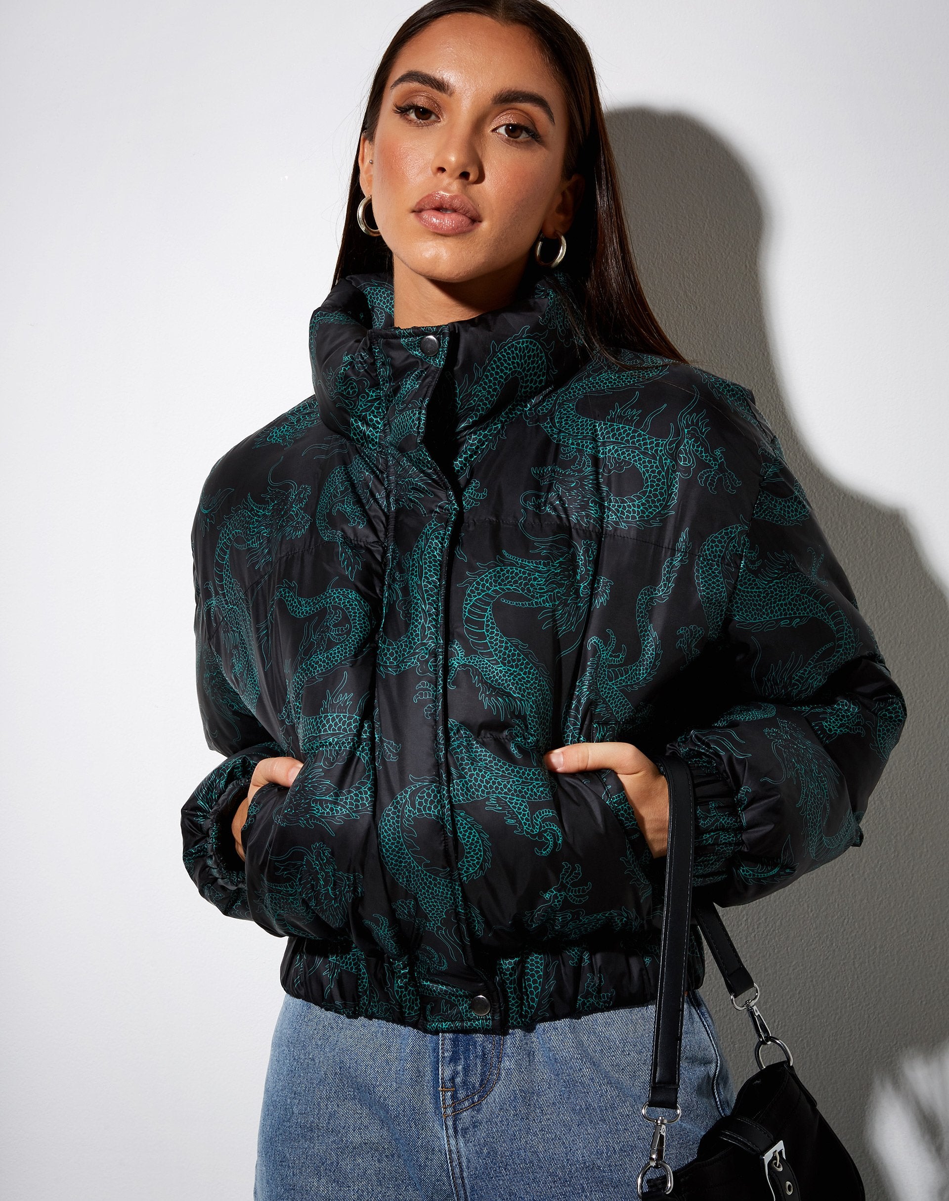 Image de Rohos Puffer Jacket in Dragon Flower Black and Mint