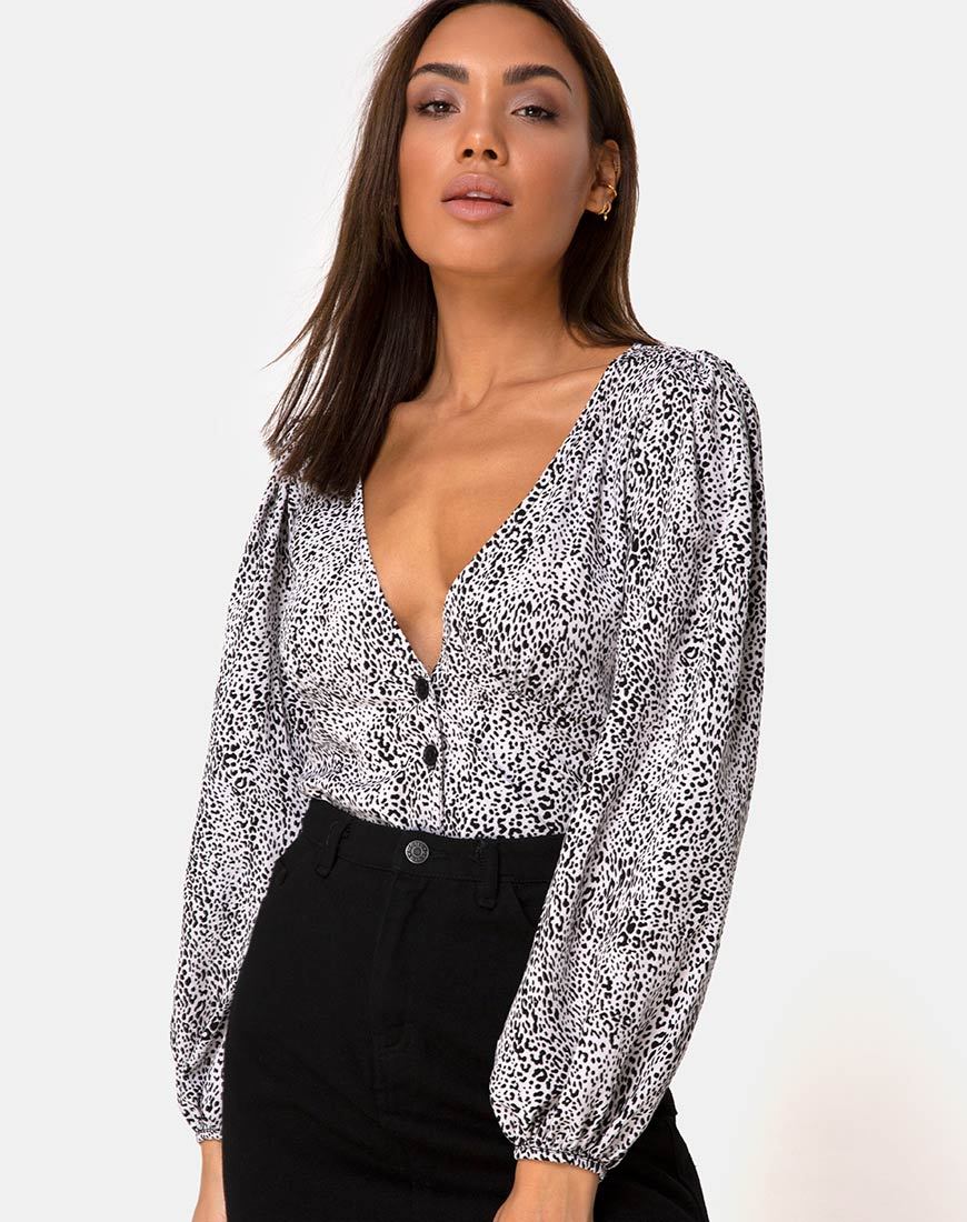 Roma Long Sleeve Top in Leo Spot in Black and White (Top à manches longues Roma à pois Leo en noir et blanc)