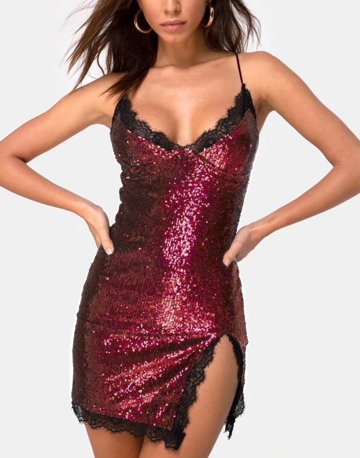 Romini Dress in Burgundy Mini Sequin with Black Lace (Robe Romini en mini paillettes et dentelle noire)