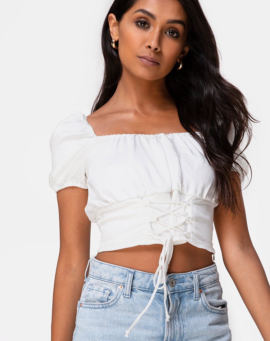 Ruiz Off The Shoulder Top in Satin Ivory (Top asymétrique en satin ivoire)