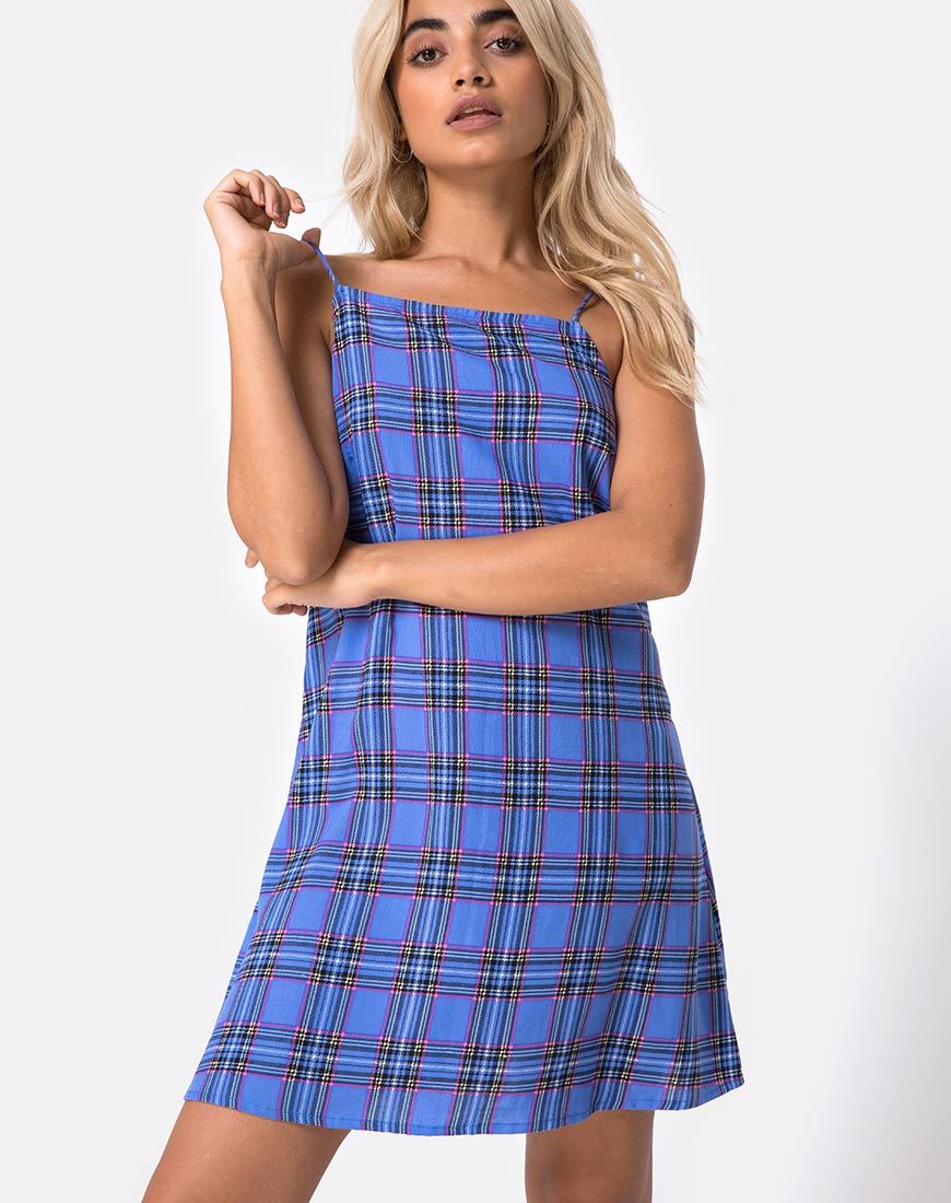 Robe longue Sagha à carreaux des années 90 Bleu Rose