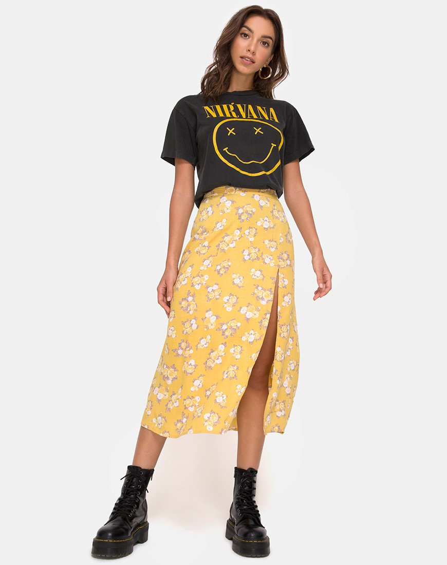 Image de la jupe midi Saika, jaune bouquet de roses