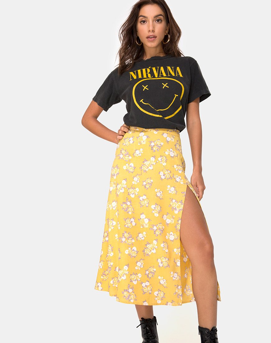 Image de la jupe midi Saika, jaune bouquet de roses