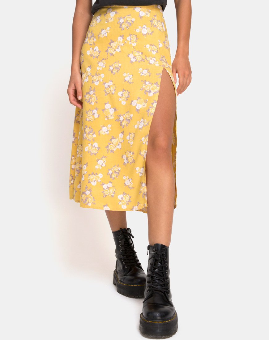 Image de la jupe midi Saika, jaune bouquet de roses