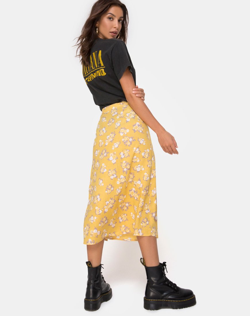 Image de la jupe midi Saika, jaune bouquet de roses