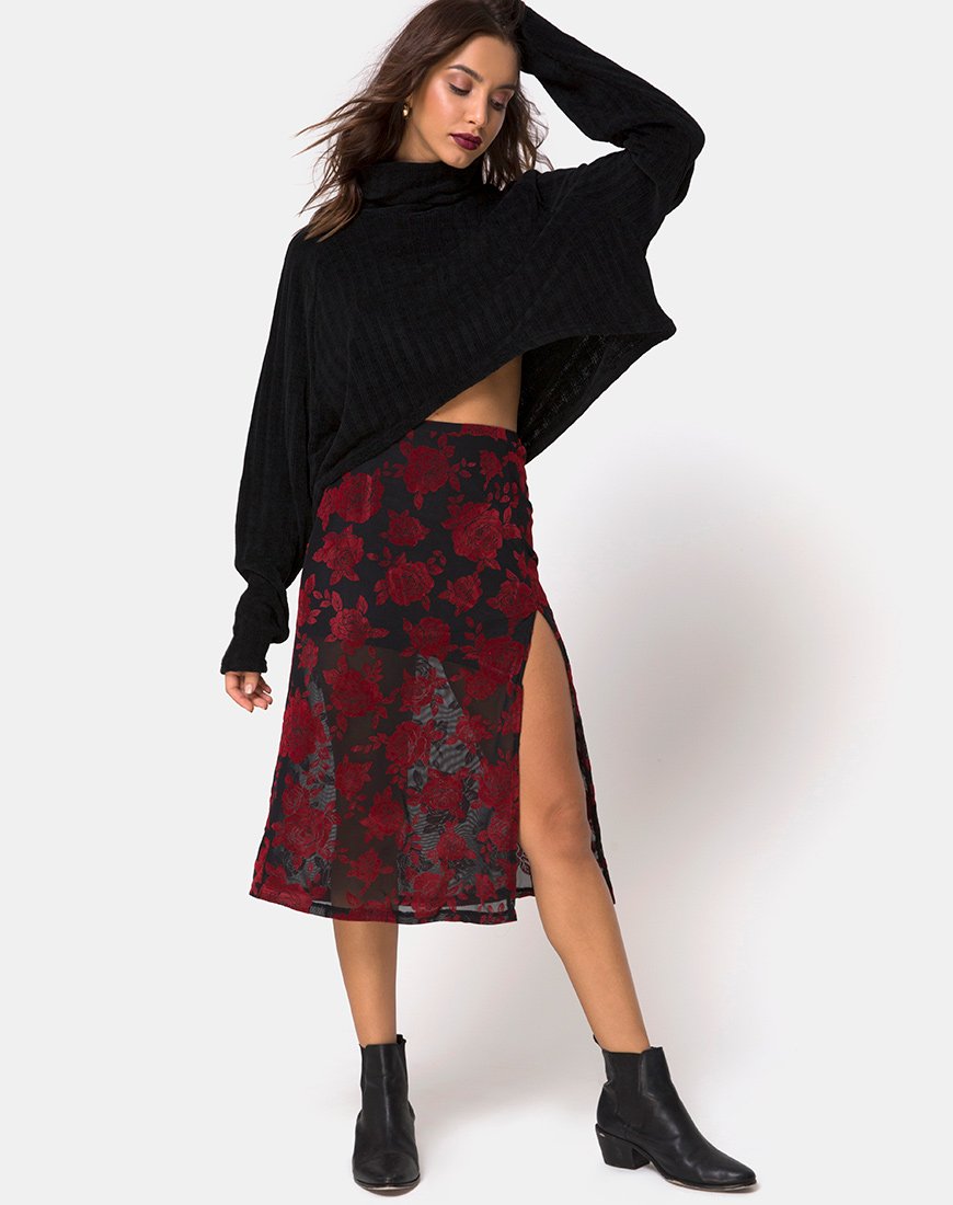 Jupe midi Saika, flocon de rose rouge romantique