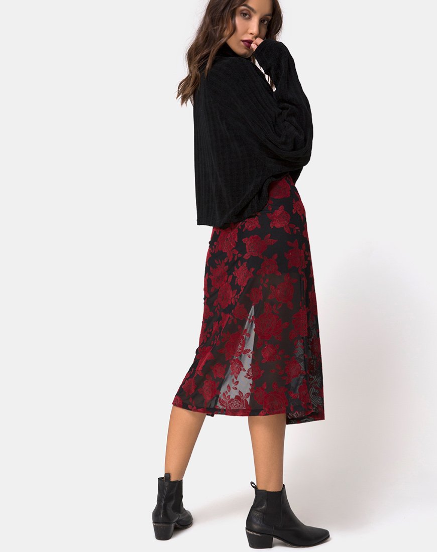 Jupe midi Saika, flocon de rose rouge romantique