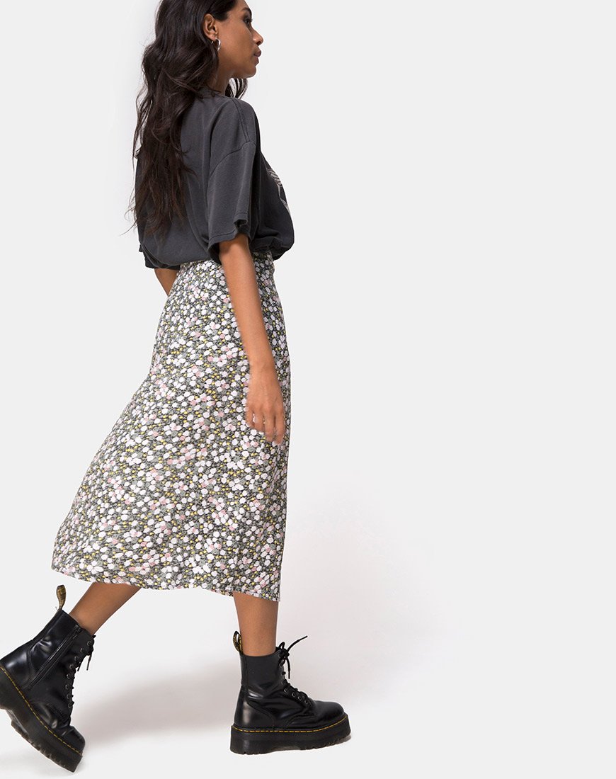 Jupe midi Saika, florale Field Olive