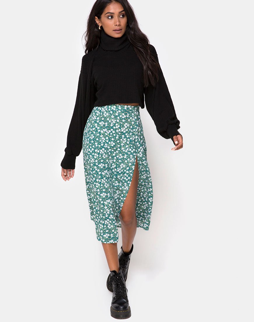 Jupe midi Saika, vert champ floral